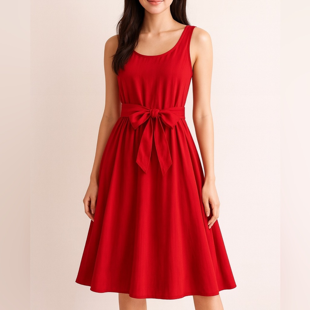 Maeve Red Fit-and-Flare Dress with Waist Tie